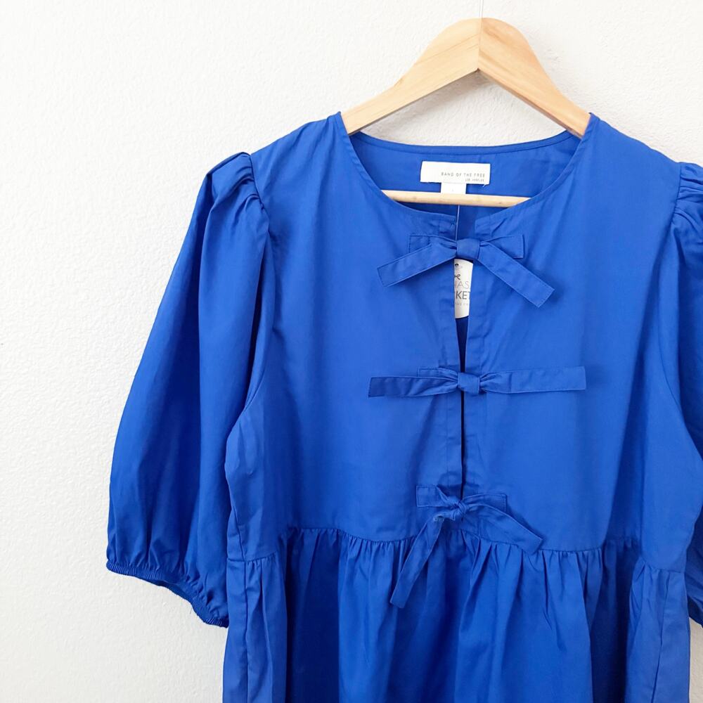 BAND OF THE FREE | Lapis Blue Babydoll Dress Bow Front Puffed Sleeves | Large - Picture 3 of 8